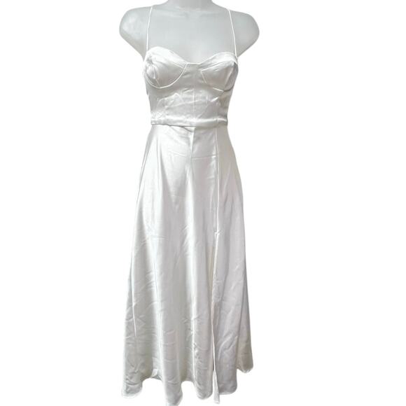 Zara White Satin Sweetheart Neckline Midi Dress Lace Up Back Adjustable Sz Small - Picture 2 of 9